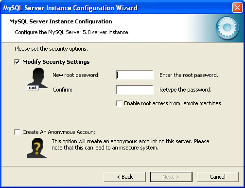MySQL Server Instance Config Wizard:
              Security